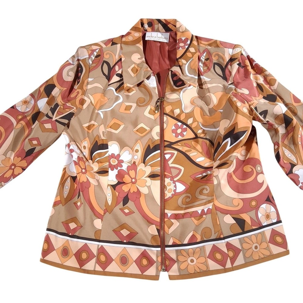 Vintage Womens 100% Silk Zip Front Retro Floral Psychedelic Jacket Tan MEDIUM